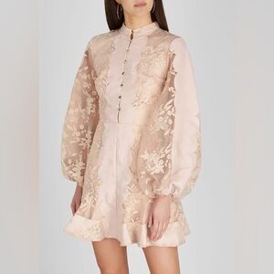 Designer Elegant Blush Pink Floral Embroidered Midi Dress with Sheer Sleeves